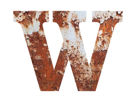 Old rusty metal alphabet, text W. Isolated over the white background