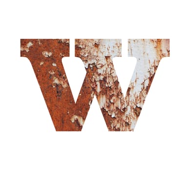 Old rusty metal alphabet, text w, isolated over the white background