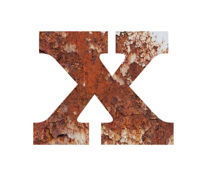 Old rusty metal alphabet, text x, isolated over the white background
