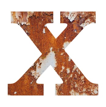 Old rusty metal alphabet, text X. Isolated over the white background