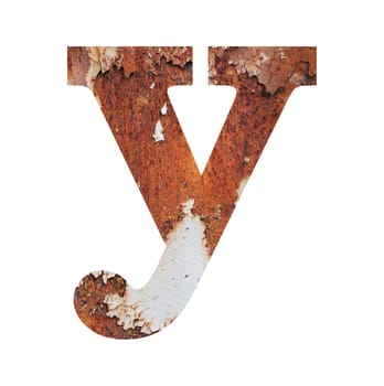 Old rusty metal alphabet, text y, isolated over the white background