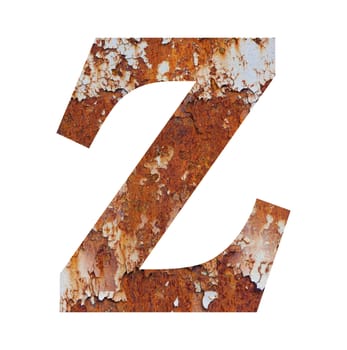 Old rusty metal alphabet, text Z. Isolated over the white background
