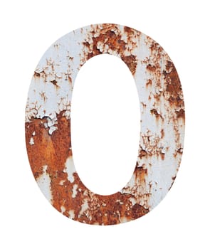 Old rusty metal alphabet, text 0, isolated over the white background. With clipping path