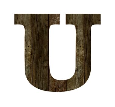Old wooden planks alphabet, text U. Isolated on white background. With clipping path