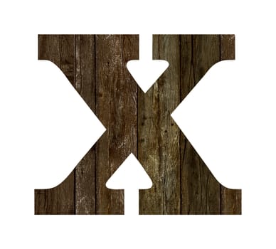 Old wooden planks alphabet, text X. Isolated on white background. With clipping path