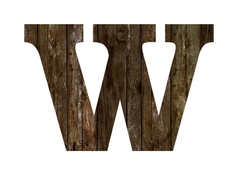 Old wooden planks alphabet, text W. Isolated on white background. With clipping path