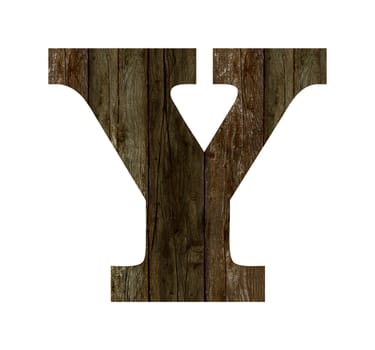 Old wooden planks alphabet, text Y. Isolated on white background. With clipping path