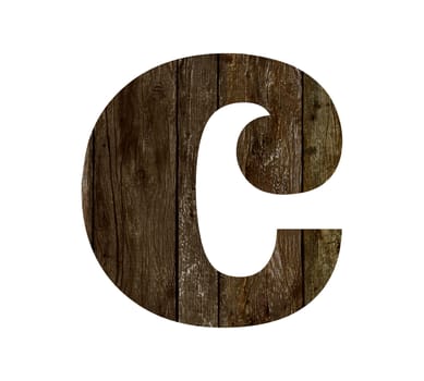 Old wooden planks alphabet, text c. Isolated on white background. With clipping path