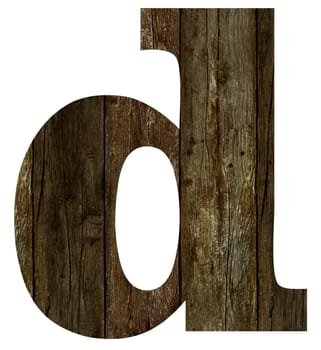 Old wooden planks alphabet, text d. Isolated on white background. With clipping path