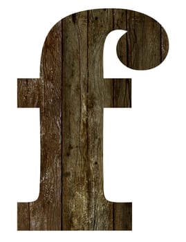 Old wooden planks alphabet, text f. Isolated on white background. With clipping path