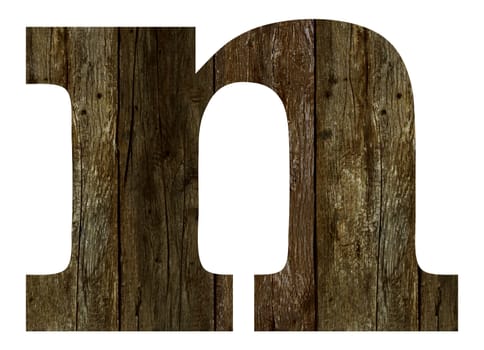 Old wooden planks alphabet, text n. Isolated on white background. With clipping path