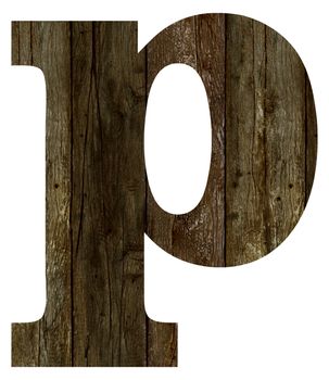 Old wooden planks alphabet, text p. Isolated on white background. With clipping path