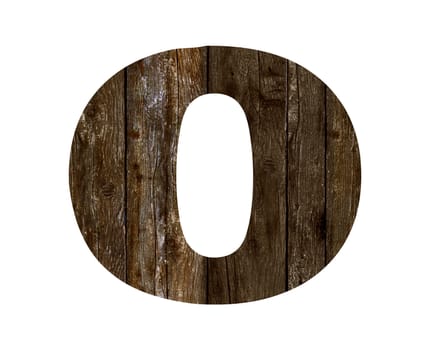 Old wooden planks alphabet, text o. Isolated on white background. With clipping path