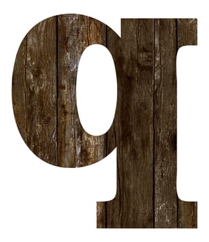 Old wooden planks alphabet, text q. Isolated on white background. With clipping path