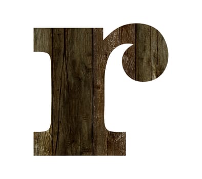 Old wooden planks alphabet, text r. Isolated on white background. With clipping path