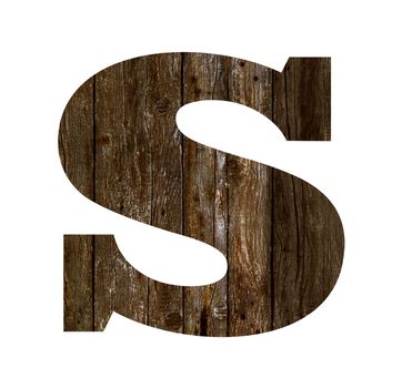 Old wooden planks alphabet, text s. Isolated on white background. With clipping path