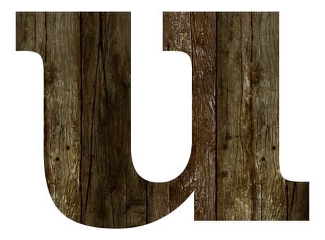 Old wooden planks alphabet, text u. Isolated on white background. With clipping path