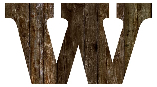 Old wooden planks alphabet, text w. Isolated on white background. With clipping path