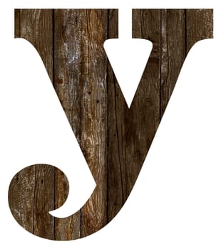 Old wooden planks alphabet, text y. Isolated on white background. With clipping path