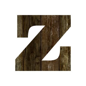 Old wooden planks alphabet, text z. Isolated on white background. With clipping path