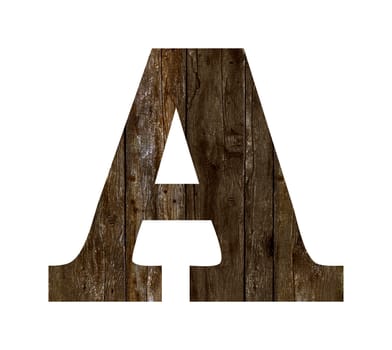 Old wooden planks alphabet, text A. Isolated on white background. With clipping path