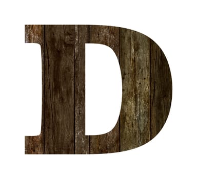 Old wooden planks alphabet, text D. Isolated on white background. With clipping path