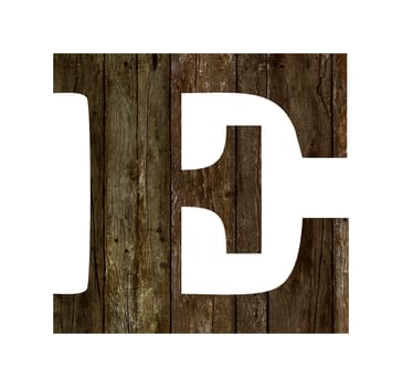 Old wooden planks alphabet, text E. Isolated on white background. With clipping path