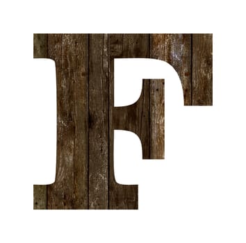 Old wooden planks alphabet, text F. Isolated on white background. With clipping path