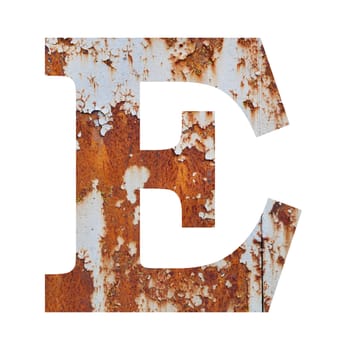 Old rusty metal alphabet, text E. Isolated over the white background