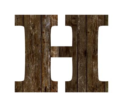 Old wooden planks alphabet, text H. Isolated on white background. With clipping path