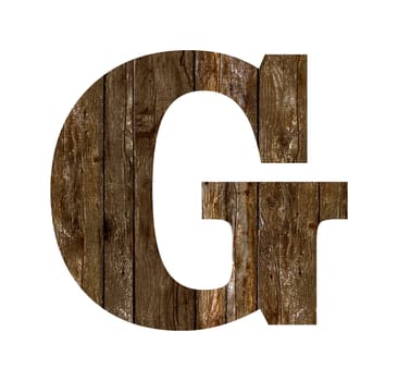 Old wooden planks alphabet, text G. Isolated on white background. With clipping path