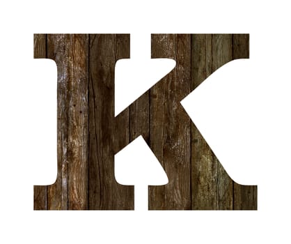 Old wooden planks alphabet, text K. Isolated on white background. With clipping path