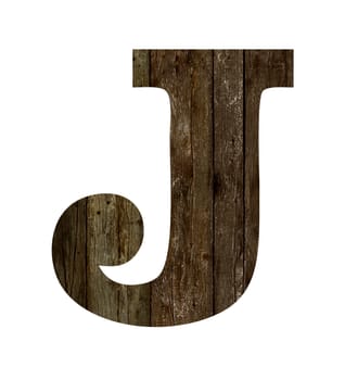 Old wooden planks alphabet, text J. Isolated on white background. With clipping path