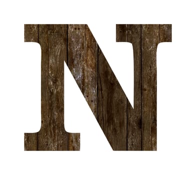 Old wooden planks alphabet, text N. Isolated on white background. With clipping path