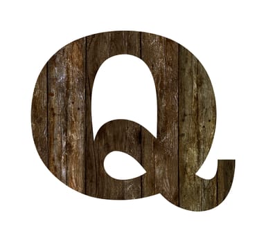 Old wooden planks alphabet, text Q. Isolated on white background. With clipping path