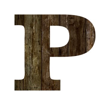 Old wooden planks alphabet, text P. Isolated on white background. With clipping path