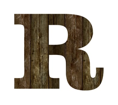 Old wooden planks alphabet, text R. Isolated on white background. With clipping path