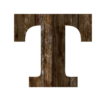 Old wooden planks alphabet, text T. Isolated on white background. With clipping path