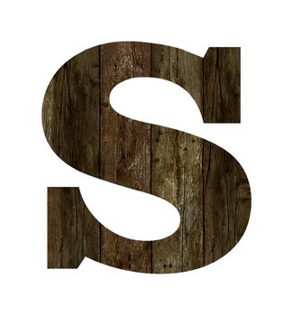 Old wooden planks alphabet, text S. Isolated on white background. With clipping path