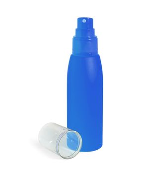Blue cosmetic cream bottle, spray opened isolated on white background