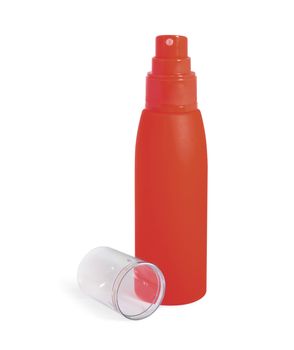 Red cosmetic cream bottle, spray opened isolated on white background