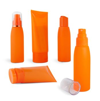 Set orange container suntan isolated on white background.