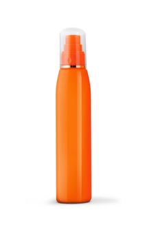 Orange cosmetic spray bottle isolated on white background. With clipping path