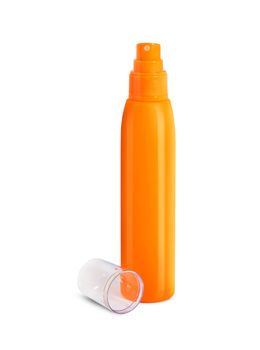 Orange cosmetic spray bottle isolated on white background. With clipping path