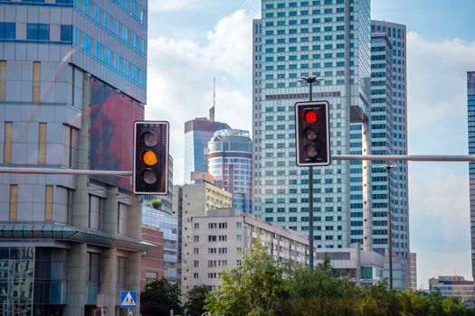 Traffic lights for vehicles and bicycles in the street of Warsaw city.