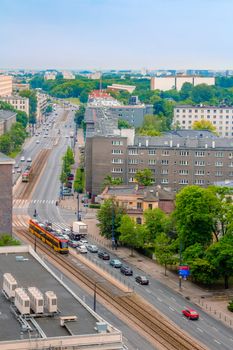 Aerial view of highway with trams and cars in the center of Warsaw in Poland.