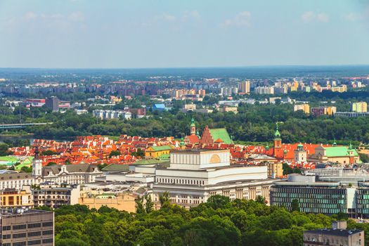 Aerial view of the Warsaw skyline buildings including Warsaw old town area.