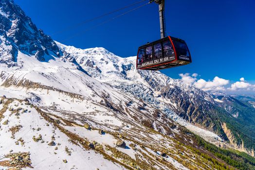 Cable car in snowy mountains in Chamonix, Mont Blanc, Haute-Savoie, France