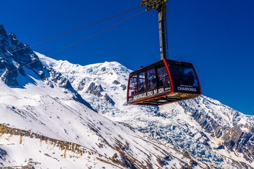 Cable car in snowy mountains in Chamonix, Mont Blanc, Haute-Savoie, France