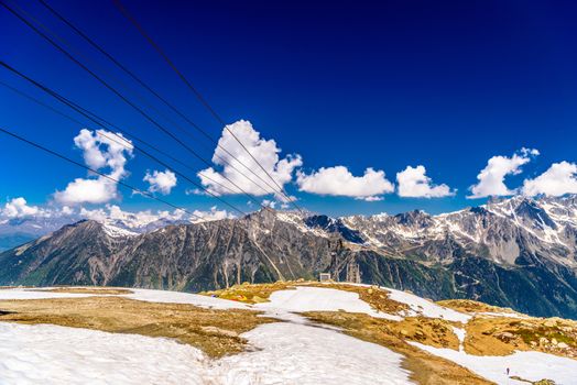 Cable car in snowy mountains in Chamonix, Mont Blanc, Haute-Savoie, France